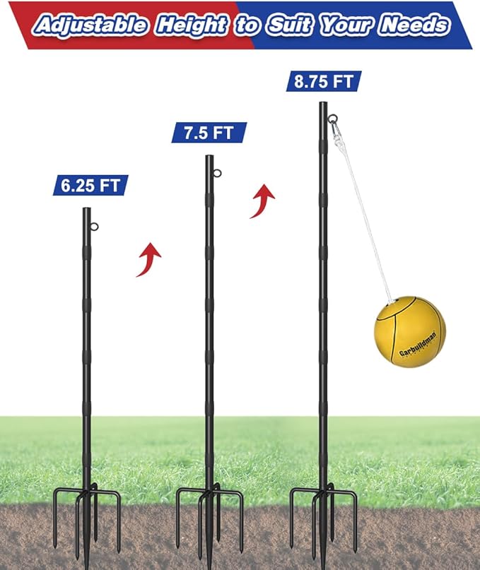 Garbuildman Tetherball Set with Ball & Rope for Outdoor Backyard, Adjustable Tether Ball Pole with 5-Prong Base & Rubber Sleeve for Playground, Outside Ball Games Sports for Kids, Adults