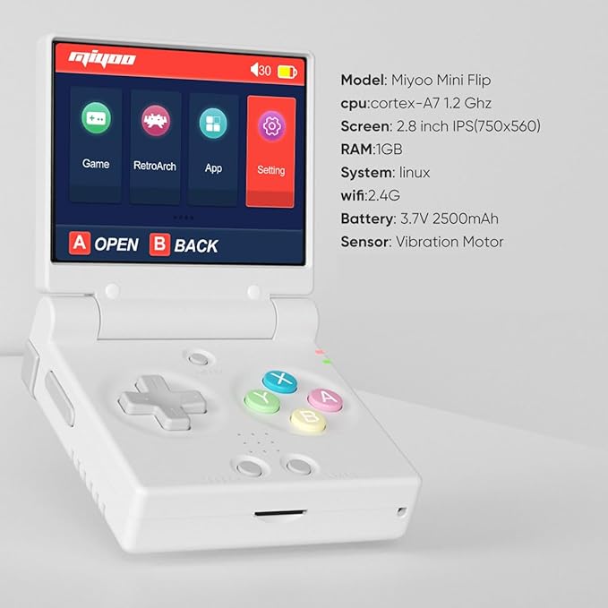 Miyoo Mini Flip Retro Game Console,2.8 Inch IPS Classic System and 2500mAh Battery Video Games Consoles,with Linux System and Wireless Networt Handheld Console Casual Game Console-No SD Card(Black)