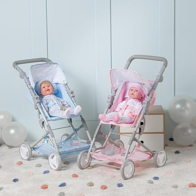 JC Toys - Berenguer Boutique | Fashionable Stroller with Canopy and Storage | Simple Folding |Blue Accessory Collection | for Dolls up to 18" | Ages 3+