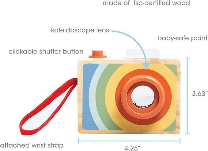 Pearhead Wooden Kaleidoscope Camera Toy, Montessori Pretend Play Camera with Click Button and Soft Strap, Creative Learning for Toddlers 12m+, Easter Basket Gift