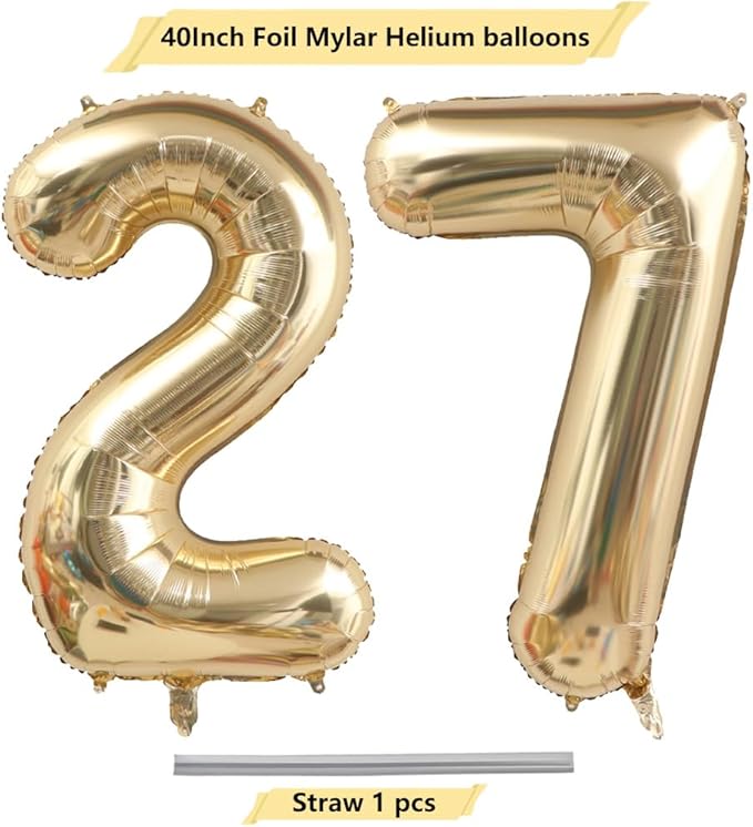 40 Inch Light Gold 27 Numbers Balloons White Gold Giant 27 Foil Mylar Helium Large Digital Balloon Champagne Gold Birthday Jumbo Balloons 27th or 72nd Anniversary Events Party Decorations Supplies
