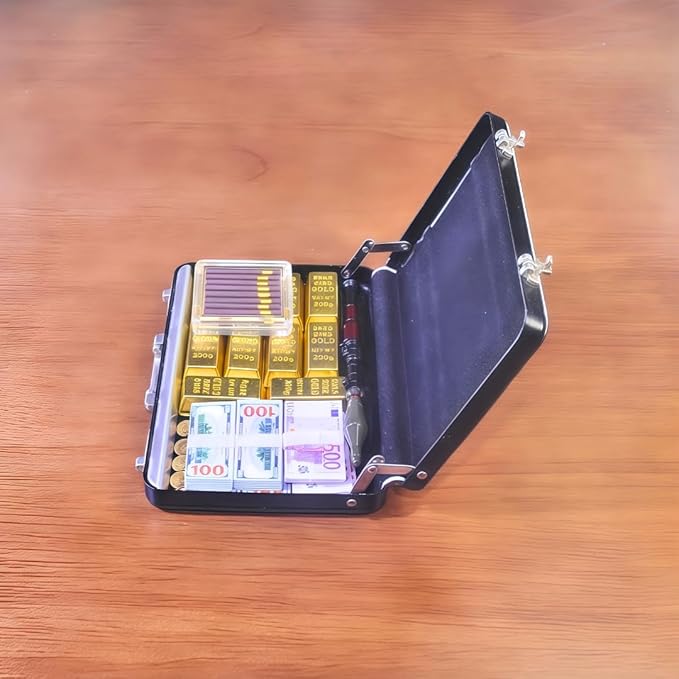 1:6 Scale Miniature Black Briefcase Set with Fake Gold Bars, Mini Dollar Bill Bundles, Vintage Coins & Toy Weapons | Collectible Dollhouse Accessory, Photography Prop & Novelty Gift for Adults