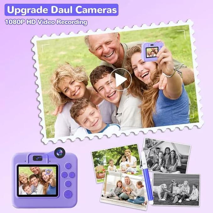 1080P Kids Instant Print Camera - Kids Camera for Girls and Boys, Ages 3-12, Portable Toy with 32GB SD Card & 3 Rolls Printing Paper - Best Christmas Birthday Gift for Kids, Purple
