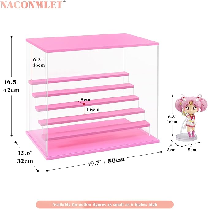 Pink Wood Base Acrylic Display Case for Collectibles, 6-Tier Clear Display Box with Steps for Funko Pop & Action Figures, Dustproof Showcase Organizer, 19.7x12.6x16.5 Inches