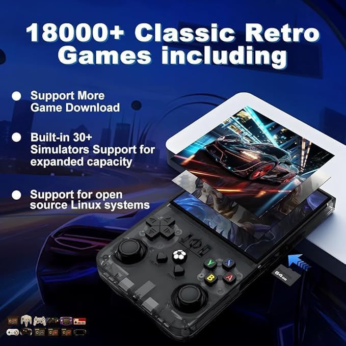 R36MAX Upgraded Retro Gaming Console,4.0 inch IPS Screen,Linux System with Professional RK3326 Gaming Chip, Retro Handheld Game Console Built-in 18000+ Games,4000mAh Large Battery (More Black)