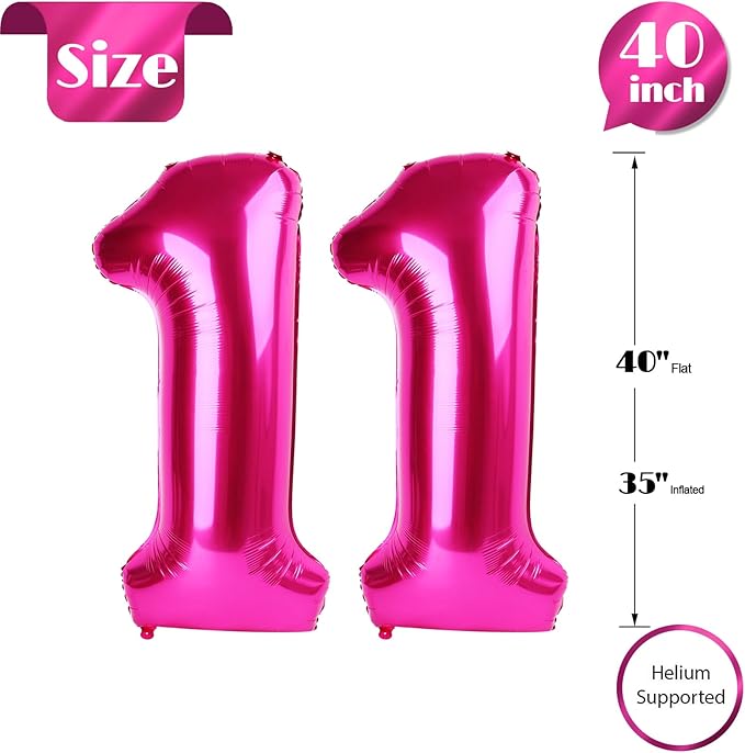 Hot Pink Number 11 Balloons 40 inch, 11 Number Balloons, 11th Birthday Decorations for Girls 11 Year Old Hot Pink Party Supplies