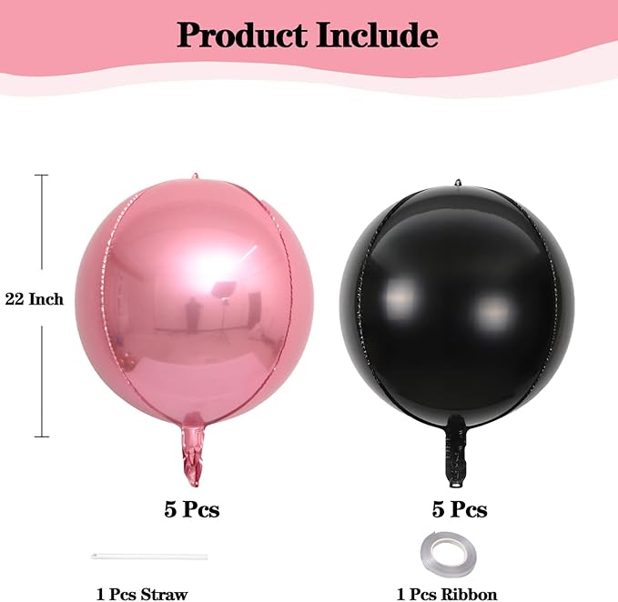 KALOR 22 Inch Black and Pink Foil Balloons, 10 Pcs Large 4D Giant Round Metallic Foil Balloon for Birthday Party Baby Shower Graduation Party Decorations