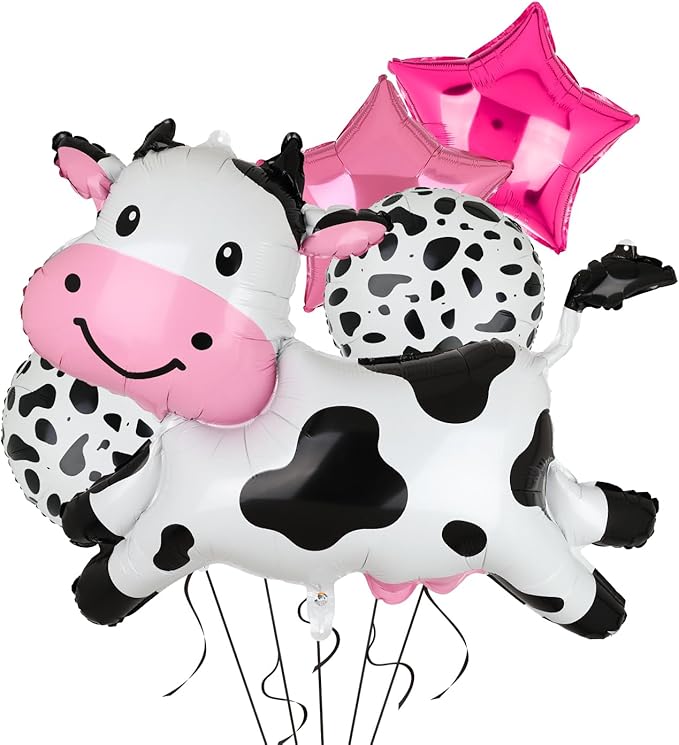 Cow Balloons Funny Cow Shape Mylar Balloon Baby Shower Girl One 1st 2nd Birthday Decoration Barnyard Farm Animal Western Cowgirl Theme Party Decor Supplies 5 Pcs