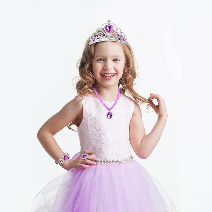 Princess Dress Up Party Accessories for Princess Costume Gloves Tiara Wand Necklace Earrings Bracelet and Ring Gift Set 9pcs (Purple, Set of 7, 9pcs)