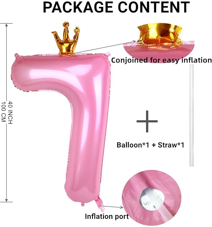 40 Inch Crown Pink Number 7 Balloon, Big Conjoined Baby Foil Mylar Helium 7 Balloon | Girls 7th Birthday Party Balloon Princess Theme Decorations Supplies Favors