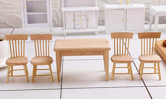 Z MAYABBO Wooden Dollhouse Furniture of Table & Chair, Miniature Dollhouse Accessories of Dining Room Accessory - 1/12 Scale