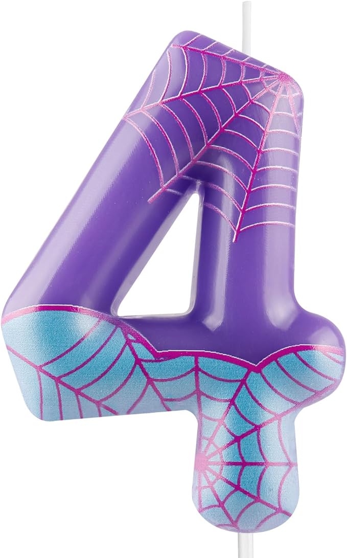 Purple Spider 4th Birthday Candles Spider Themed Number 4 Candle Cake Topper Spider Cartoon Birthday Cake Decorations for Boys Girls Kids Party Supplies
