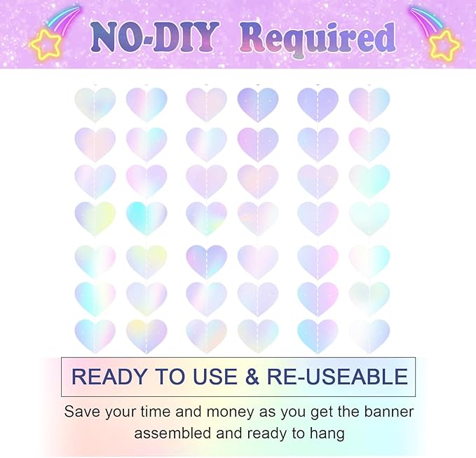 52Ft Shiny Corlorful Glitter Laser Love-Heart Garland Photo Booth Props for Girl Birthday Party Decorations ERAS Themed Birthday Banner Supplies Themed Decor Taylor Party Decorations