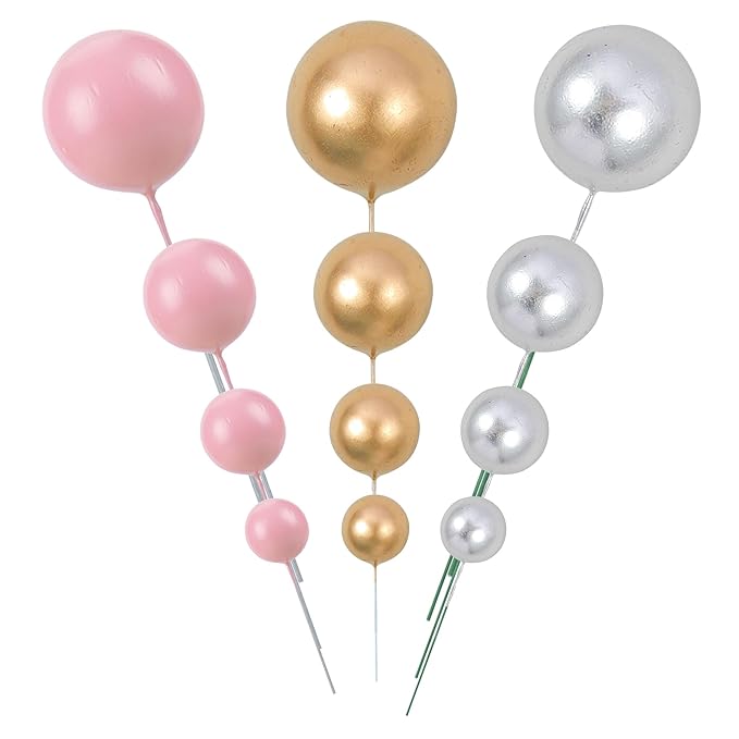 Gyufise 30Pcs Balls Cake Topper Foam Ball Cake Picks Mini Balloon DIY Cake Insert Topper Decoration for Baby Shower Wedding Anniversary Kids Birthday Party Cake Decorations Gold Silver Pink