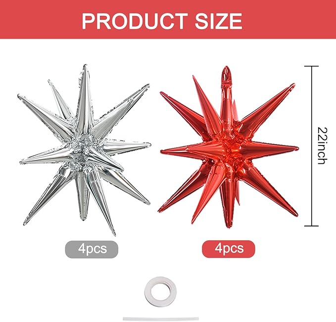 TONIFUL 8 Pcs Red Silver Foil Balloons Large Star Balloons Explosion Star Mylar Balloons for Party Backdrop Christmas New Year Birthday Wedding Baby Shower Anniversary Photo Booth Supplies