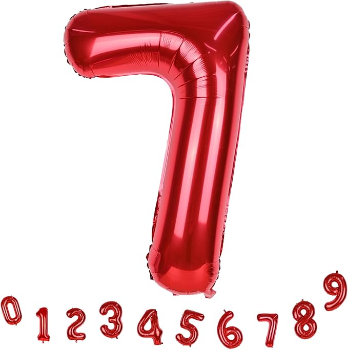 Red Number 7 Balloon, 40 Inch Large Number 0-9 Set with Foil Balloons for Boys Girls 7th Birtyday Party Decoration Anniversary Graduation Celebration New Year Party for Women Men Supplies