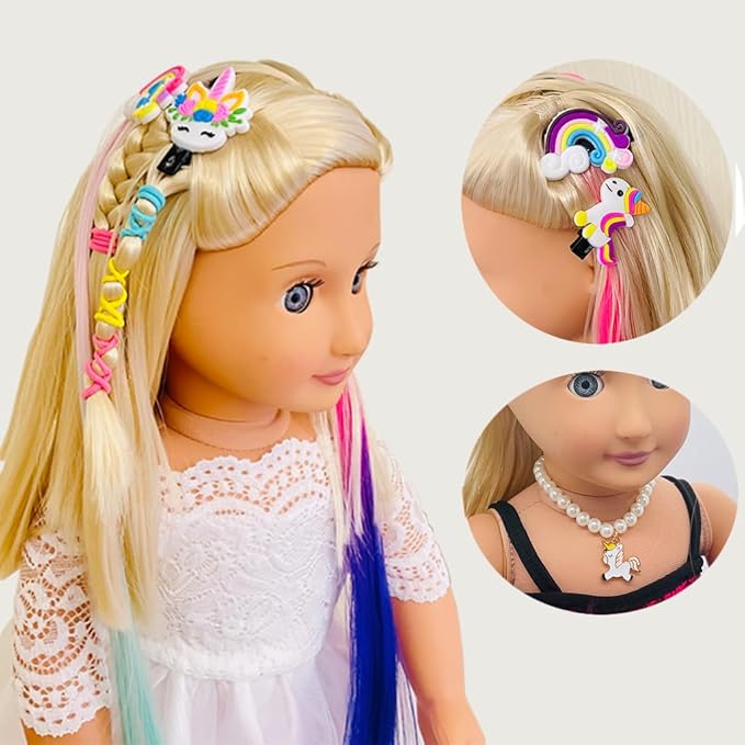 18 inch Doll Hair Accessories for American OG Dolls Hair Brush Rainbown Unicorn Kit Accessories Girl Dolls-Shaped Head Children's Gift（No Doll）