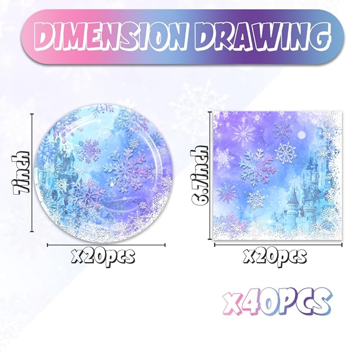 40Pcs Frozen Party Decorations Winter Wonderland Birthday Supplies Christmas Snowflake Plates and Napkins for Baby Shower Birthday Party Decorations