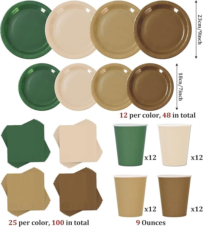 Whaline 244Pcs Woodland Tableware Set Serves 48 Sage Green Brown Disposable Dinnerware 48 9" Plates 48 7" Plate 48 9oz Cups 100 Napkins for Baby Shower Forest Party Supplies