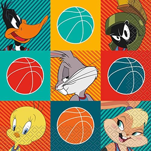 Space Jam Birthday Party Supplies Bundle Pack for 16 includes Dessert Cake Paper Plates, Napkins, Table Cover (Bundle for 16)