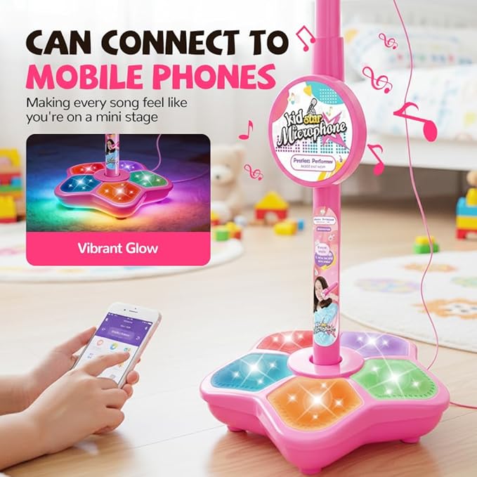 The All in One Microphone Toy, Star Microphone with Stand, Kid Star Microphones Toy Karaoke Machine with Lights, Speaker & Echo Effects, Move to Play (Black)