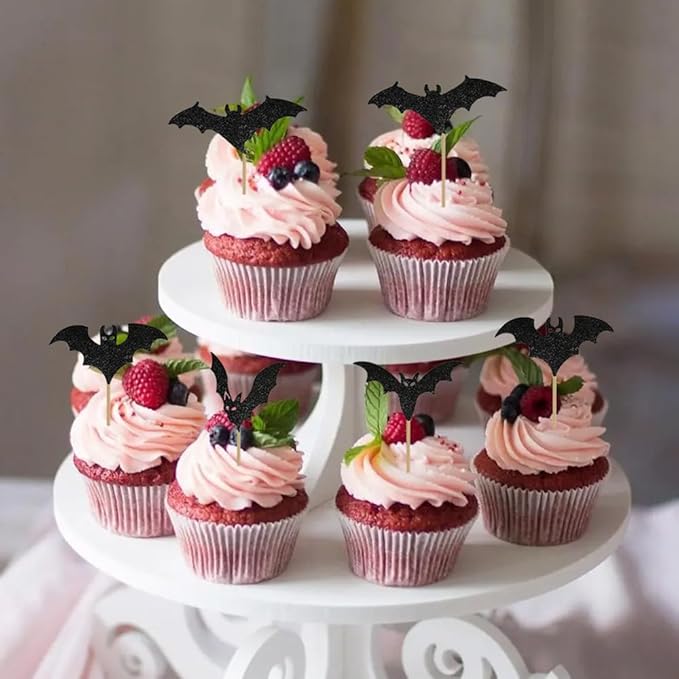 12 Pcs Halloween Cupcake Toppers, Halloween Bat Cake Decorations, Black Glitter Bat Cupcake Party Decorations, Cupcakes Picks Food Picks for Halloweens Theme Party, Bats Birthday, Baby Shower