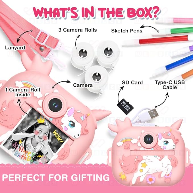 Wembley Kids Camera Instant Print with Dual Lens | Birthday Gift Toys for Boys & Girls 3–10 Years | Unicorn Digital Toddler Camera Thermal Printer | Selfie & Video | Rechargeable | 32GB SD Card Pink