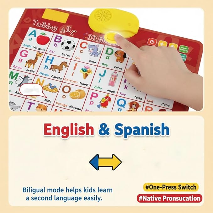 Bilingual Talking Wall Chart for Kids,English and Spanish Wall Chart for Kids,Talking English Learning Board for Children 3+ (Red)