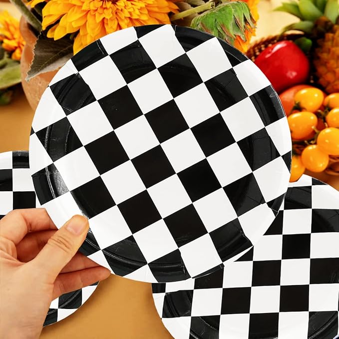 40 Pcs Race Car Birthday Party Supplies Black and White Checkered Party Supplies 7"Checkered Paper Plate,Black White Plate for Kids Car Sports Themed Racing Birthday Party Decorations (Black White)