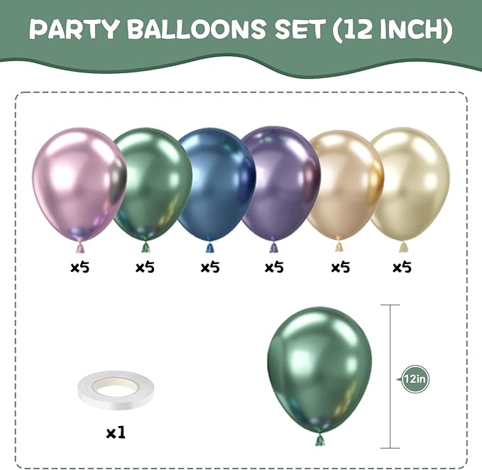 Pastel Metallic Balloons, 12 Inch Assorted Chrome 6 Color Blue Purple Green Pink Gold Champagne Latex Party Balloon for Birthday Graduation Anniversary Baby Shower Wedding Decorations