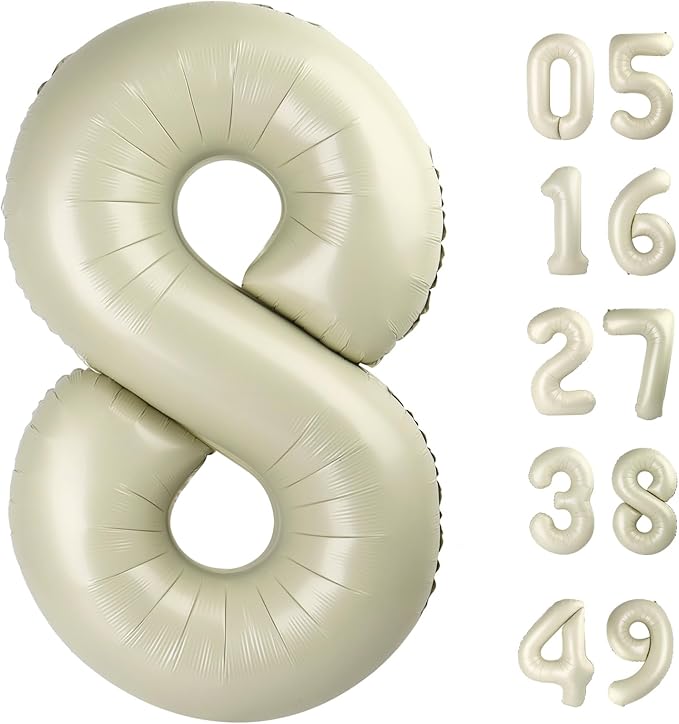 Cream White Foil Number 8 Number Balloon 40 Inch, Helium Mylar Eight Number 8 18 28 38 48 58 80 88 Birthday Balloons, 8th Cream White Women Men Wedding Anniversary, Graduations Party Supplies