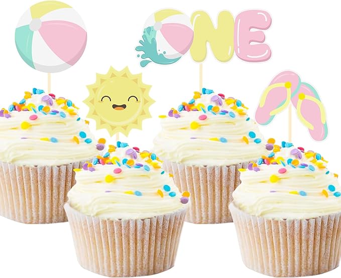 24 Pack Beach Ball 1st Birthday Cupcake Toppers, Pool Party Cake Decoration, Baby's First Birthday Cupcake Topper (1st birthday pink)