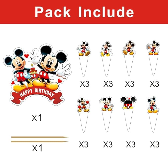 25pcs Mickey Cake Decorations with 24pcs Cupcake Toppers, 1pcs Cake Topper for Mickey Birthday Party Supplies