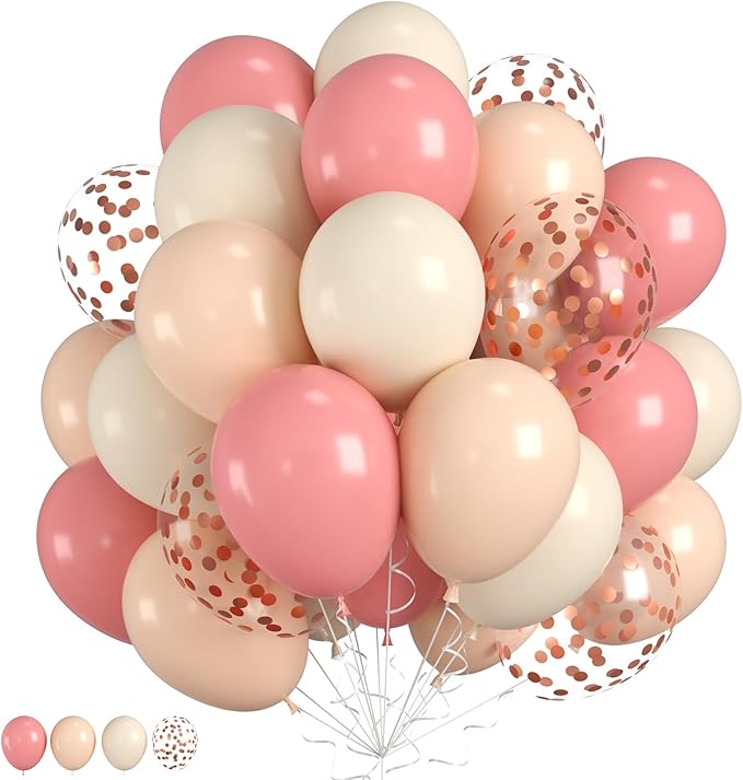 Dusty Pink Balloons, Neutral Balloons with Dusty Pink Ivory White Rose Gold Confetti Balloons for Girls Bridal Baby Shower Boho Birthday Wedding Decorations Supplies