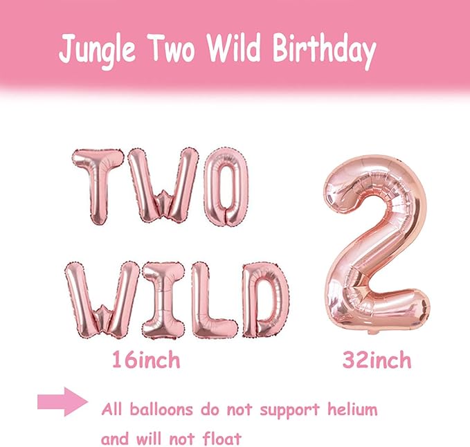 Two Wild Birthday Party Decorations, Jungle Themed Secend Girl Birthday Party Supplies Set Cute Animals Head Balloons and Two Wild Banner for Girls 2nd Jungle Birthday Decor