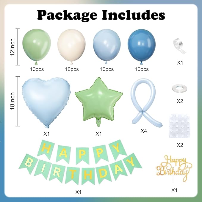 Blue and Green Birthday Decorations,Dusty Blue Sage Green Balloons Banner Star Heart Foil Balloon for Boys Girls Birthday Wedding Baby Bridal Shower Jungle Party Decorations