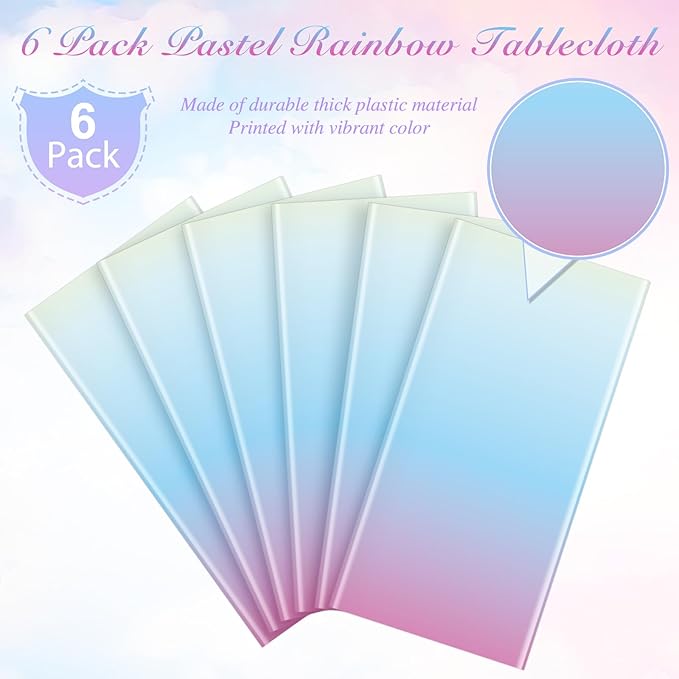 6 Pack Pastel Rainbow Plastic Tablecloth Party Decorations, Pastel Disposable Table Covers for Rectangle Tables, Rainbow Table Cloth for Birthday Baby Shower Wedding Party Supplies, 54x108Inch