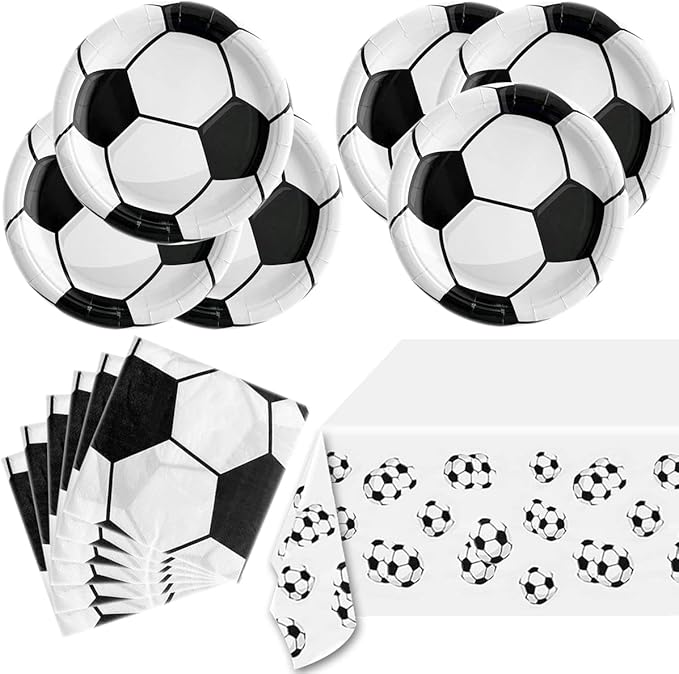 Soccer Party Tableware ,16 Plates and 16 Napkins and Tablecloth 71 '' x 42 ''Soccer Sports Themed Birthday Decorate Supplies
