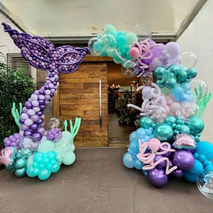 Mermaid Party Balloons, Mermaid Purple Pink Teal Balloon with conch shell starfish Print Balloons Mermaid Confetti Balloon for Under the Sea Theme Birthday Kids Girls Princess Party Supplies