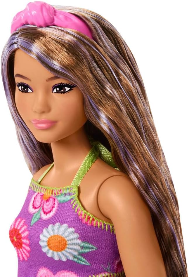 Barbie Fashionistas Doll #244 with Purple-Streaked Brown Hair, Purple Floral Halter Top and Matching Skirt with Accessories Like Headband and Sandals