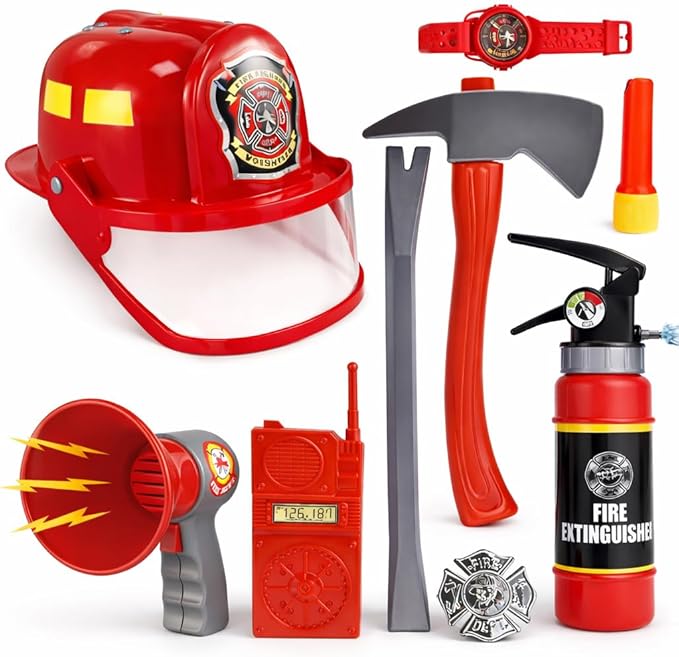 Liberty Imports 10 PCs Fireman Gear Firefighter Costume Role Play Career Dress Up Starter Toy Accessories Pretend Play Set with Helmet, Tools for Kids, Toddlers