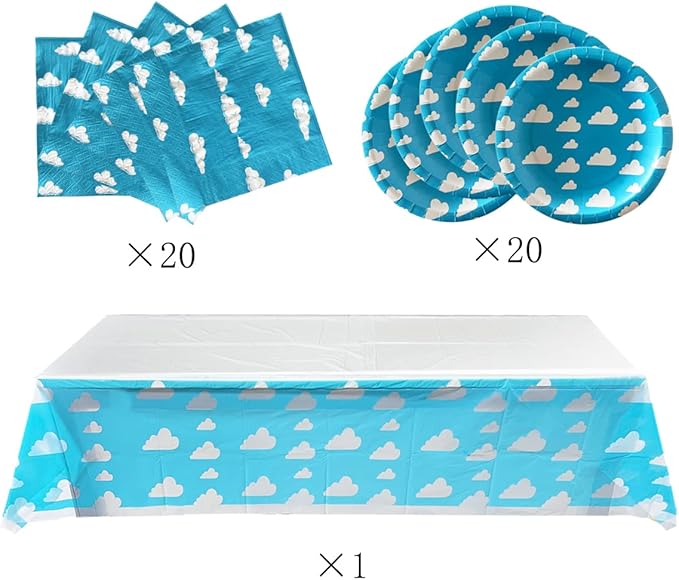 Blue Sky White Clouds Birthday Party Supplies, 20 Plates and 20 Napkins and Tablecloth71 '' x 42.5 '', Blue Sky Cartoon Theme Birthday Party Decorations for Baby Kids Shower