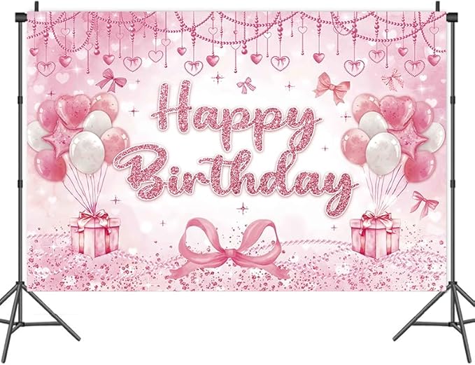 Pink Heart Bow Happy Birthday Backdrop Decorations Bow Banner Pink Bowknot Photo Background for Girls Birthday Party Decorations Supplies 70.8 x 47.2 Inch