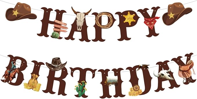 Western Cowboy Theme Wild West Party Decoration,Pre-Strung Happy Birthday Banner,Retro Horse Rodeo Party Supplies for Boys,Cowboy Hat Horses Garland for Boys Birthday Party
