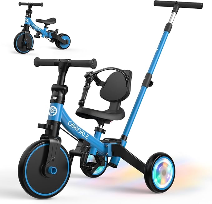 5-in-1 Tricycle for Toddlers 1-3, Convertible Toddler Bike with Push Handle & Removable Pedals, Balance Bike with Colorful Lighting Wheels, Adjustable Seat Height with Backrest(Blue)