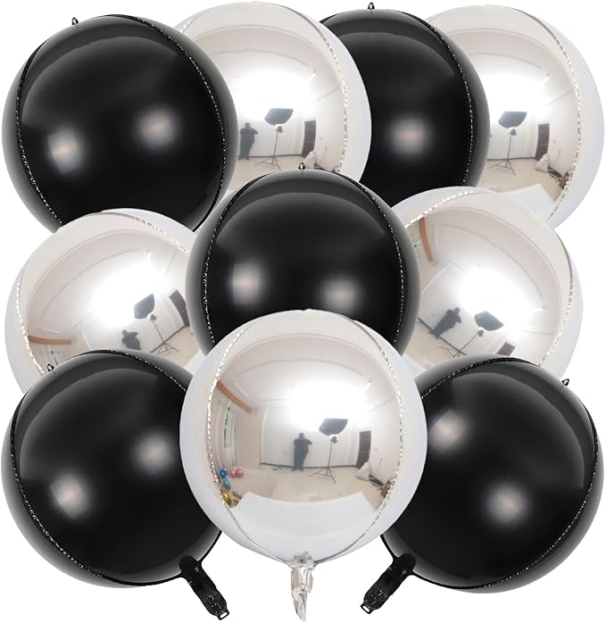 KALOR 22 Inch Black and Silver Foil Balloons, 10 Pcs Large 4D Giant Round Metallic Foil Balloon for Birthday Party Baby Shower Graduation Party Decorations