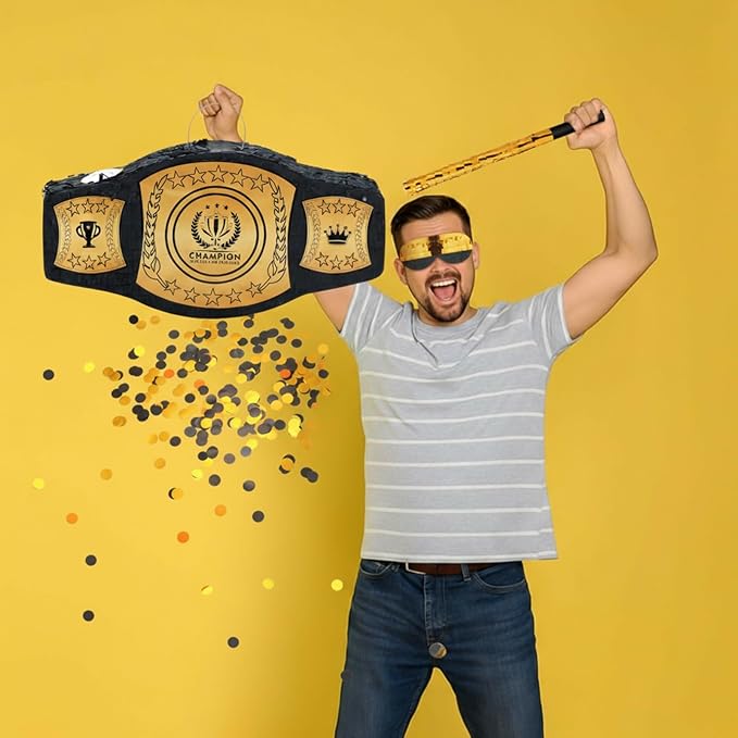 Mepase Wrestling Birthday Party Decorations Wrestling Belt Piñata with Blindfold and Bat World Heavy Weight Boxing Championship Theme Supplies for Sport Fans Themed Party Decorations