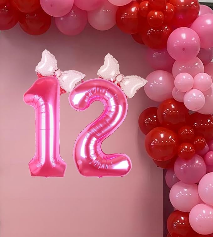 40 Inch Pink Number 12 Balloon with Mini Bow Balloons for Girls 12th Birthday Party Decoration, Pink Princess Western Cowgirl Theme Sweet Twelve Birthday Party Balloons Decorations Supplies Decor