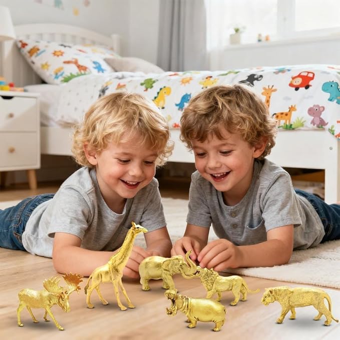 Metallic Gold Plastic Animal Figurines Toys, 12PCS Golden Safari Zoo Animal Figures, Jungle Wild Animals for Baby Shower Decor, Safari Themed Birthday Party, Christmas Decoration Gifts