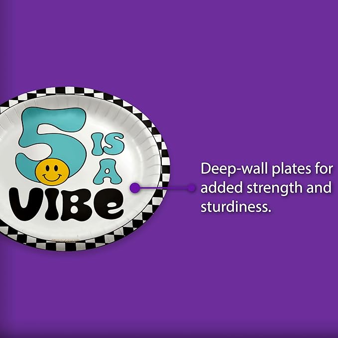 Five is a Vibe Smiley Face Fifth Birthday - 32 Piece Disposable Party Supplies - Decorations for Boy's 5th Birthday Round Party Plates - Large 9" Paper Plates In Bulk